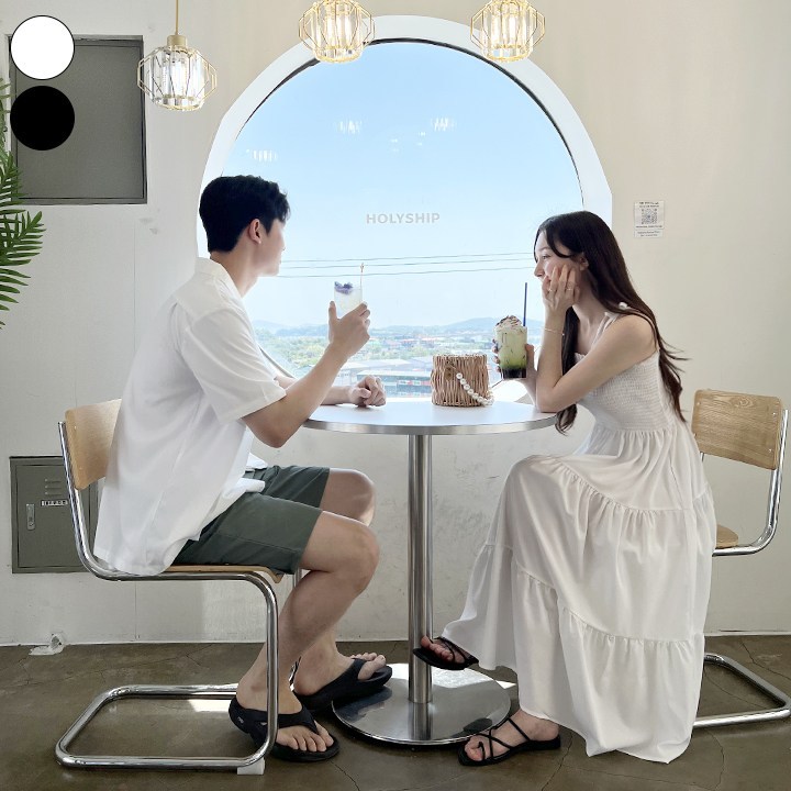 가비진 여성용 스모크 끈 롱 원피스  무지 카라 반팔셔츠 남녀 커플룩 시밀러룩 휴가룩 바캉스룩 세트 남여개별구매