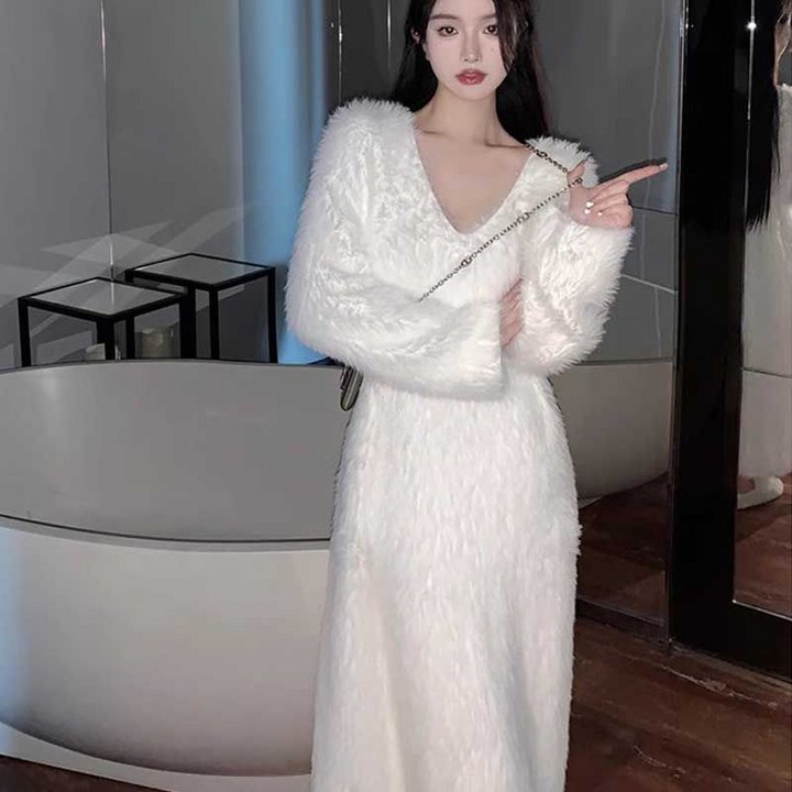 여자 앙고라 원피스 캐주얼 화이트 여행 고급 데일리 롱 퍼 겨울  간절기