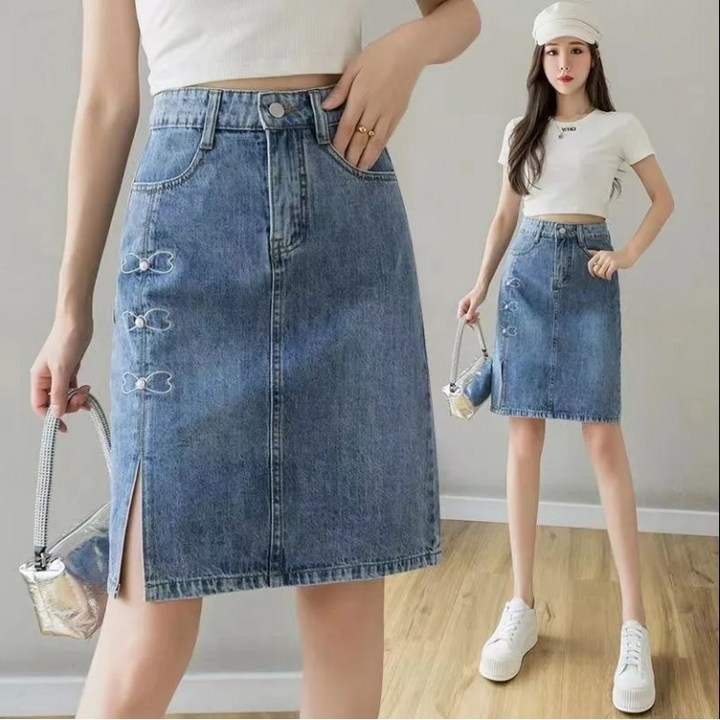 여성 A라인 청치마 데님 미디스커트