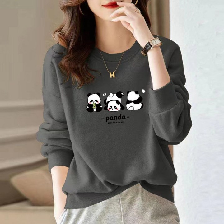 11 여성 봄가을 라운드 맨투맨 오버핏 면질 무지 프린트 여성티셔츠