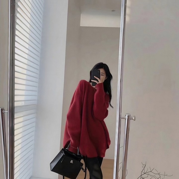 봄 가을 여성용 프렌치 스타일 오버핏따뜻한 니트 고급 허리 라인 루즈핏 라운드넥 니트 사의