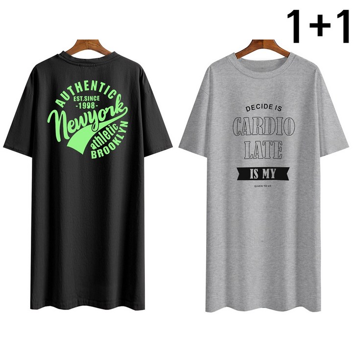 엠제이스타 1+1 여성 뉴욕 카디오스 여름 반팔 루즈핏 롱 레터링 티셔츠 2P
