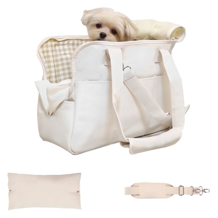 난펫 강아지 기내용 슬링백 산책 이동 가방  쿠션  크로스끈 세트상품, 아이보리, 1개