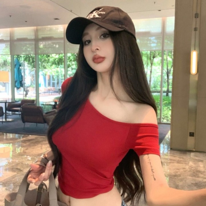 피어니스트 여성용 언발 오프숄더 반팔 크롭 티셔츠