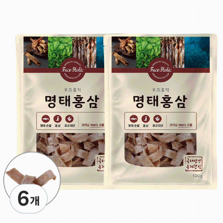 후코홀릭 강아지 건조간식, 혼합맛명태홍삼, 100g, 6개 후코홀릭 강아지 건조간식, 혼합맛명태홍삼, 100g, 6개