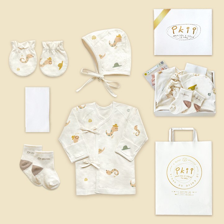 ikii 유아용 오가닉 배냇저고리 5종 출산 선물 포장 세트 사계절용 뱀 긴소매  쇼핑백