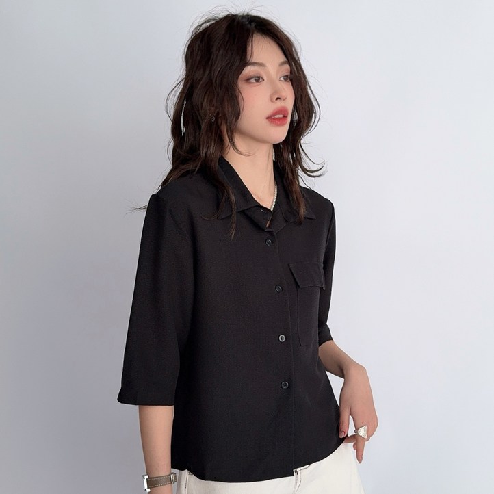 더시럽 여성용 베이직 원 포켓 7부 셔츠