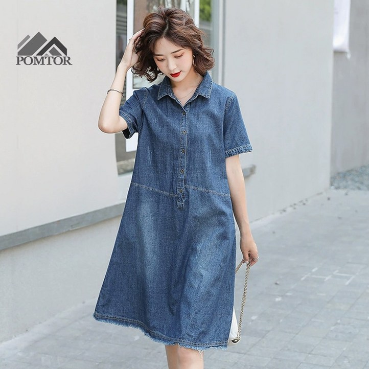 POMTOR 여성 반팔 카라 셔츠 데님 원피스 POMTOR 여성 반팔 카라 셔츠 데님 원피스