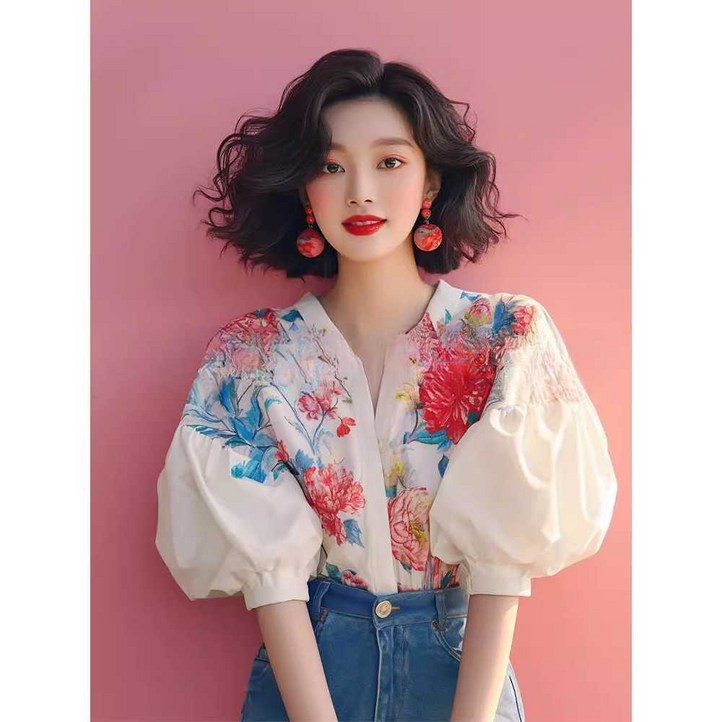 퍼프소매여름블라우스 플라워블라우스 화이트 반팔 셔츠