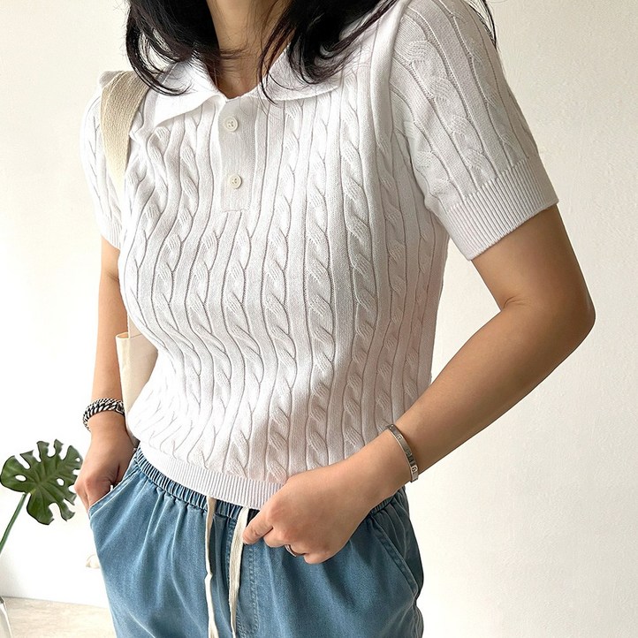 네모엔룩 여성용 코튼케이블 꽈배기 짜임 면100 레이어드 셔츠 카라넥 반소매 니트 NL