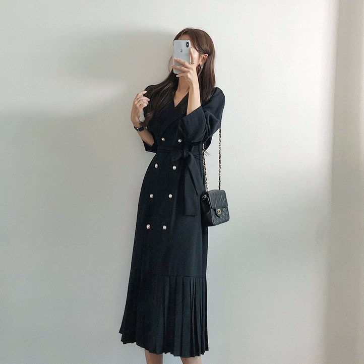 요시아나 당일발송 단아한 그랑시아 카라넥 진주 더블단추 플리츠 벨티드 롱원피스 2컬러