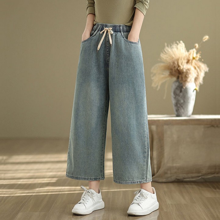 여성 허리밴딩 와이드 데님팬츠 봄 여름 키작녀 일자핏 9부 청바지 슬림 루즈핏 데일리룩 통바지