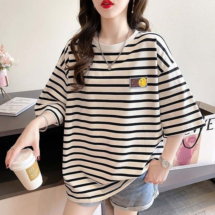 여성 여름 빅사이즈 오버핏 스트라이프 스마일 반팔티 롱티 박스티 라운드 반팔티 찰랑티