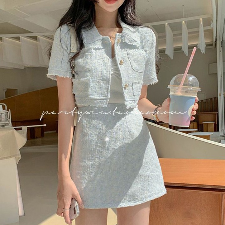 여성 여름 하객룩 투피스 캐주얼 오피스 슈트 패션 기질 반팔 정장 코트 슬림핏 힙색 미니 스커트 트위드 세트 WMY