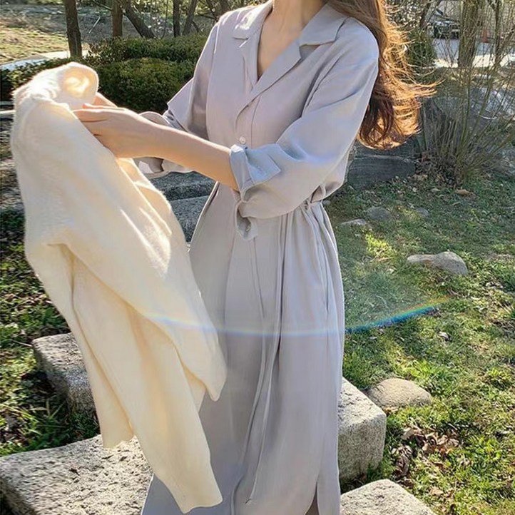 하늘하늘 꾸안꾸 데일리 허리스트랩 셔츠 롱원피스
