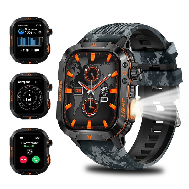 QTLLBT 스마트워치, IP68 방수, LED 손전등이 탑재된 야외 전술 시계, 내구성 있는 디자인, 블루투스 통화, 600mAh 배터리, 나침반, GPS 및 음성 지원, Camo Black, 5.1cm, 블루투스