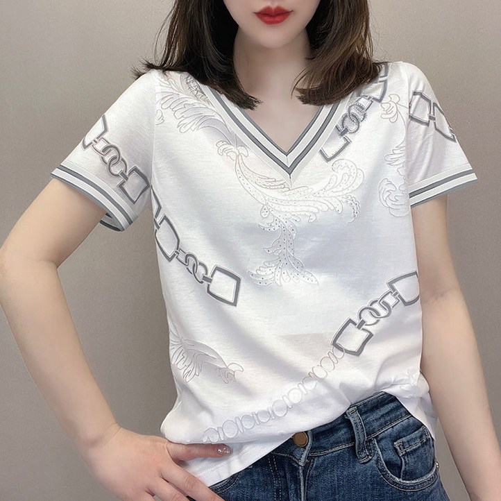 에버리씽 여성 브이넥 반팔 사슬무늬 기본 티셔츠 T41907 에버리씽 여성 브이넥 반팔 사슬무늬 기본 티셔츠 T41907