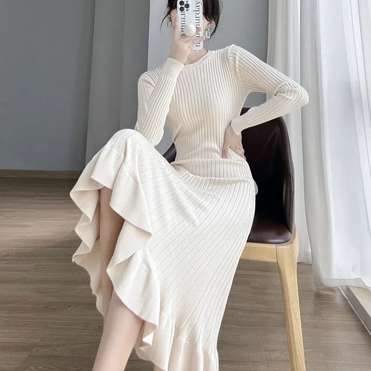 여성 가을 겨울 프릴 머메이드 니트 드뮤어룩 미디 원피스