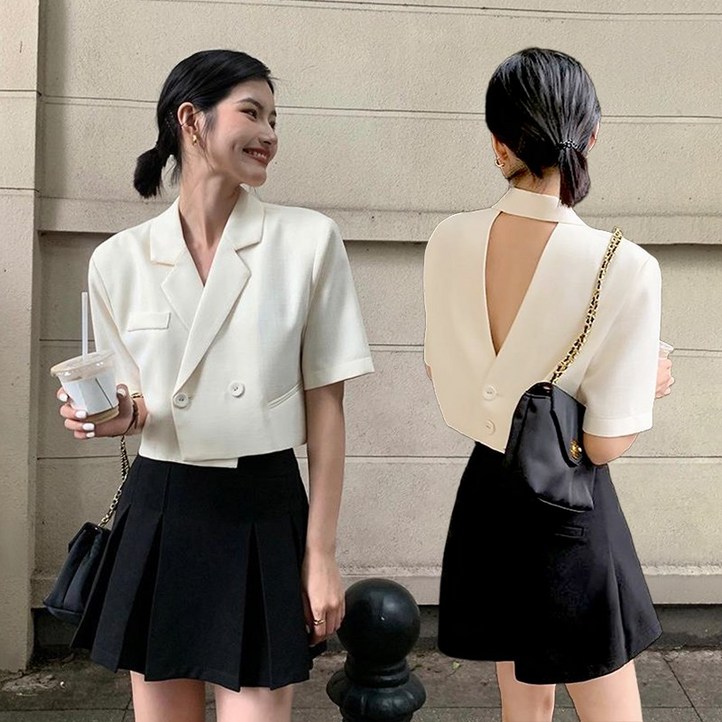 빛나는 판다 크롭 됫트임 루즈핏 여자 치마바지 더블 가디건 여름 빅사이즈 반바지 투피스 반팔 정장자켓 상하세트