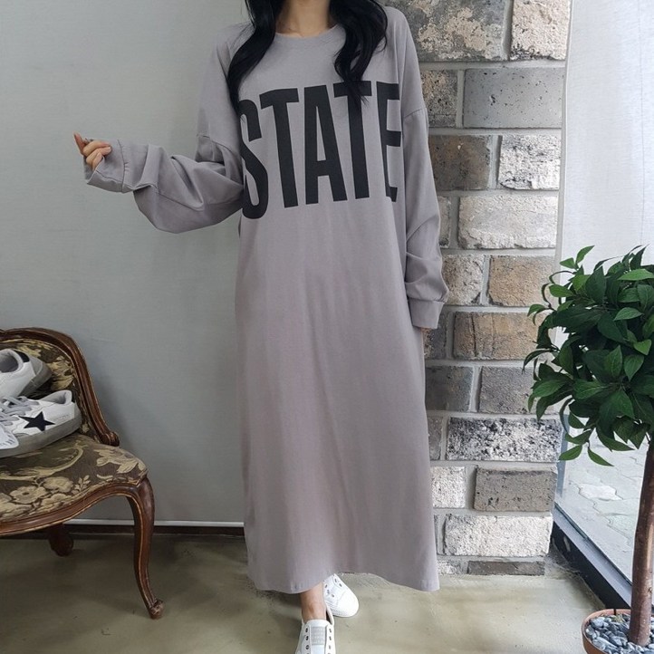 상상그이상 여성용 국내제작 스테이트 롱원피스 빅사이즈 오버핏 면100 레터링 포인트 마실룩 홈웨어룩