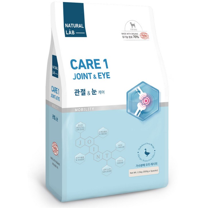 네츄럴랩 케어1 유기농 70 강아지 기능성사료, 관절 눈 케어, 2.5kg, 1개 네츄럴랩 케어1 유기농 70 강아지 기능성사료, 관절 눈 케어, 2.5kg, 1개