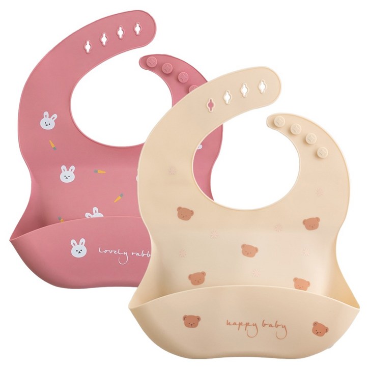 원더파파 유아용 실리콘 방수 턱받이 2종 세트, 베이지 곰돌이  핑크 레빗, 1개입, 1세트