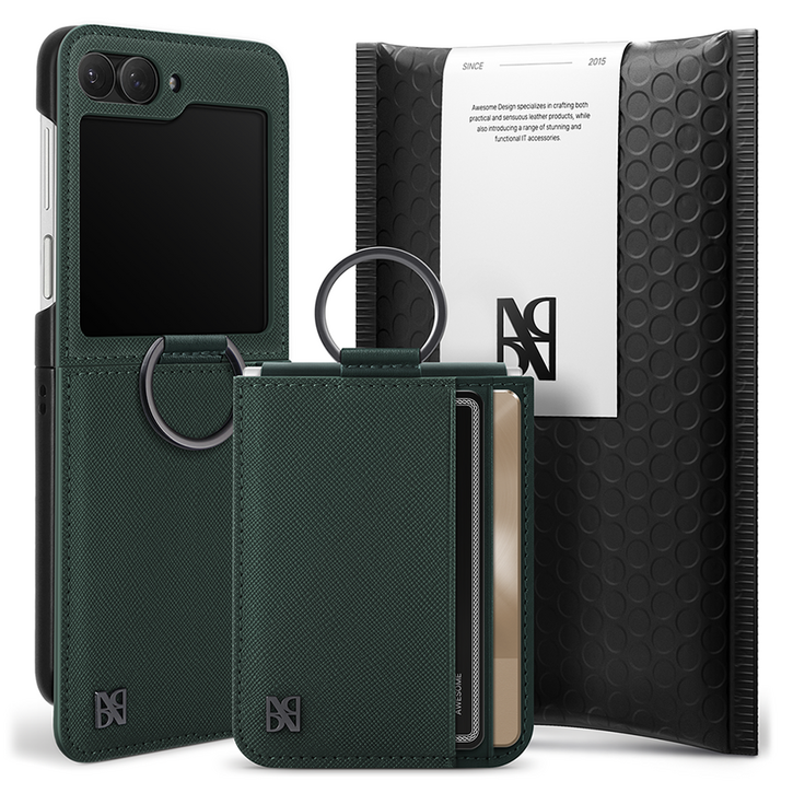 어썸디자인 오블리크 힌지 보호 수제 가죽 카드 지갑 휴대폰 케이스 + 링 세트