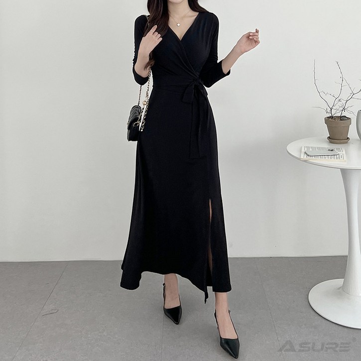 ASURE 여성 랩 롱 트임 원피스