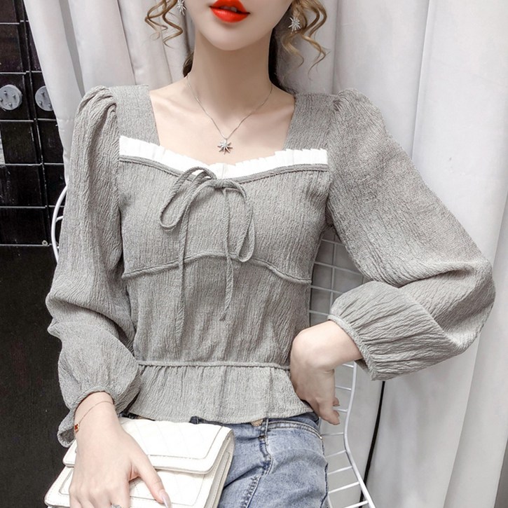 Kdragon 여성용 스퀘어넥 퍼프 소매 리본 숏 긴팔 셔링 블라우스 슬림핏 데일리룩