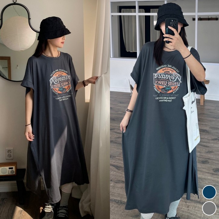 핏몬 여성 55-99 빅사이즈 찰랑 가오리 반팔 빈티지 프린팅 면 스판 롱 원피스