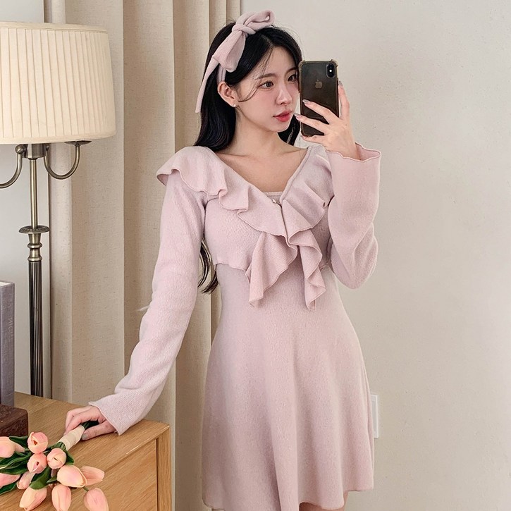 루네타 러블리 렐리아 프릴 가디건 기모 원피스 머플러 세트/