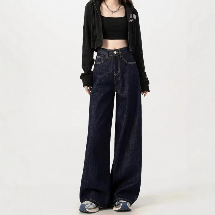 SAHINER 여성 캐주얼 하이웨이스트 와이드 데님 팬츠 LWBNZ46