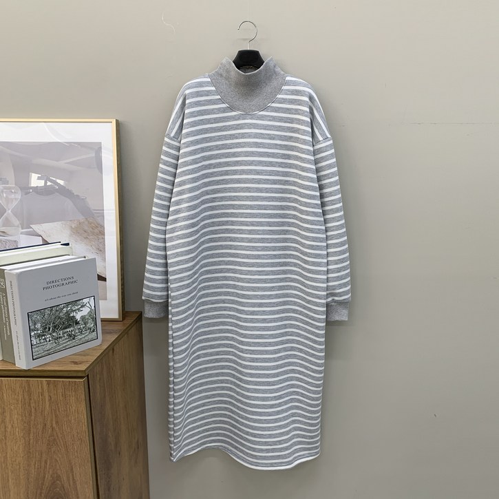 행복여 보니 스트라이프 캐쥬얼 루즈핏 반목 기모 원피스