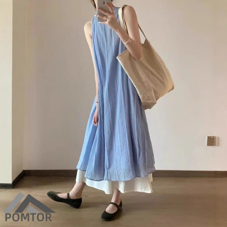 POMTOR 여성 여름 무지 나시 원피스 데일리 캐주얼 루즈핏 롱 원피스