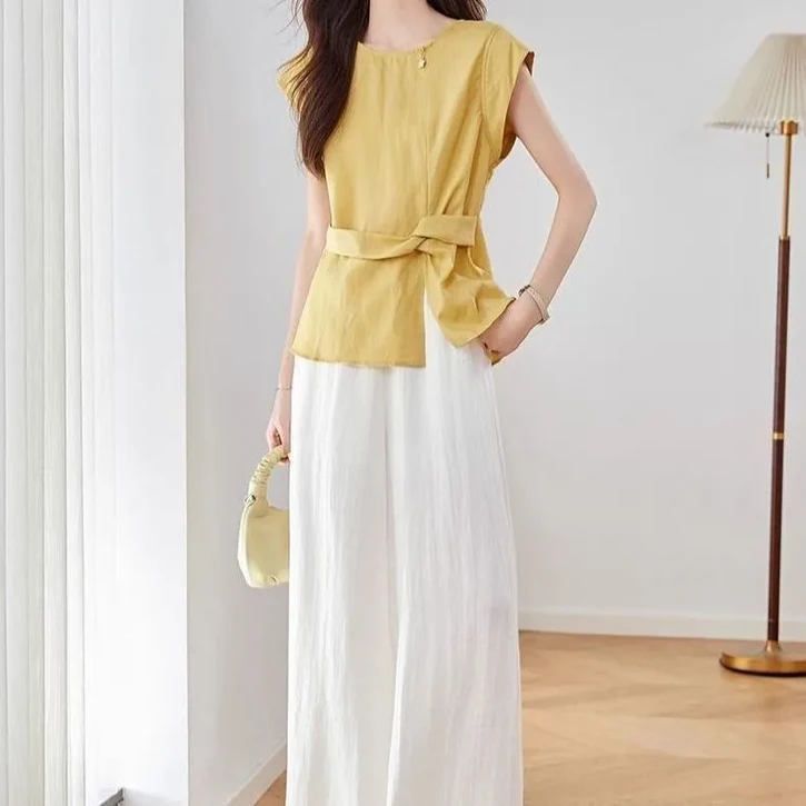 Makone 여성 린넨 민소매 블라우스 스트레이트 팬츠 투피스 체형커버 라운드넥 셔츠 와이드 바지 상하의 세트  패션 오피스룩