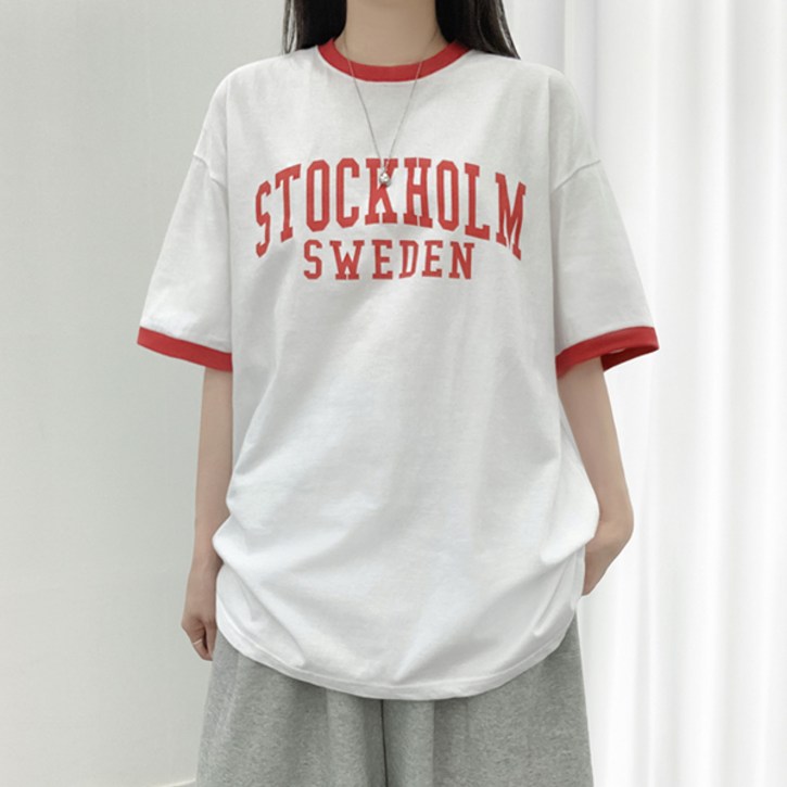 티데일리 남녀공용 스웨덴 오버핏 배색 링거 반팔 티셔츠