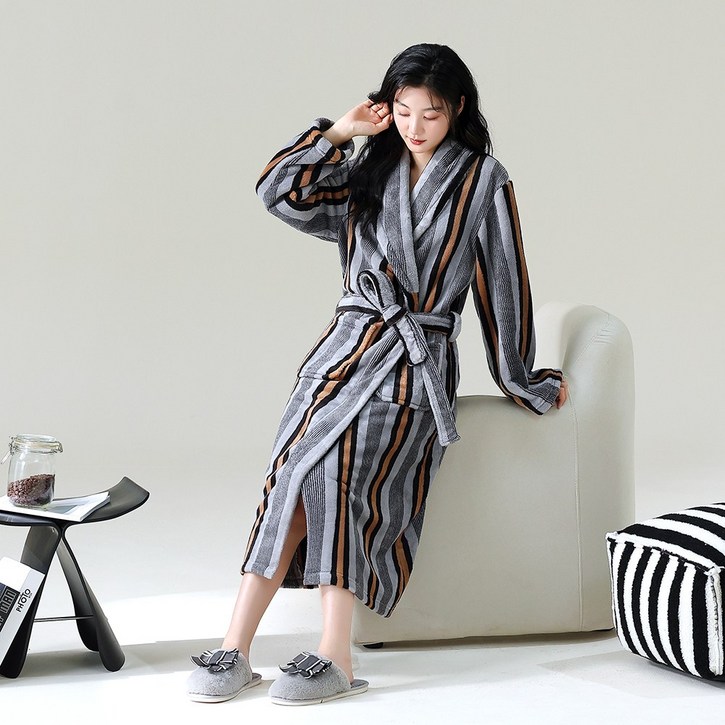 20종 여성 샤워가운 골프 호텔 로브 극세사 목욕 가운 남자 여자 커플, 1개, 21-차콜 스트라이프