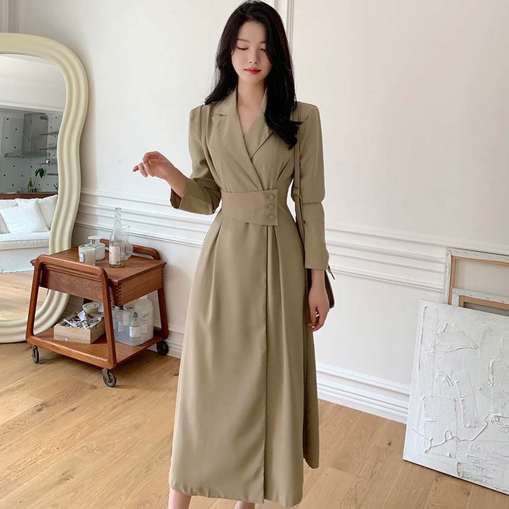 가을 라이트 라펠 허리 핀턱 슬리밍 카라 셔츠 롱원피스