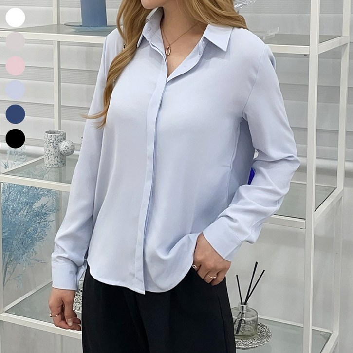 블레스유 여성용 데일리 구김없는 링클프리 카라 쉬폰 오피스룩 긴팔 셔츠 블라우스 히든 버튼 XL.까지 빅사이즈