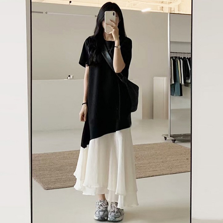 패션라인 BL10124사라언발롱원피스언발란스원피스레이어드룩모던캐주얼여름롱원피스블랙앤화이트룩편한롱원피스감성원피스루즈핏원피스데일리룩