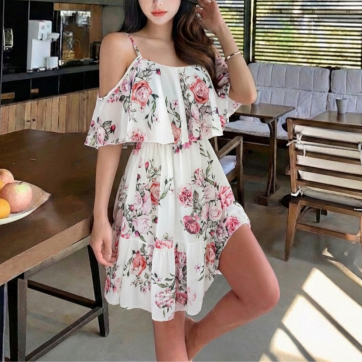 쁘띠엘라 휴양지원피스 체형커버 쉬폰 미니 드레스 리조트룩