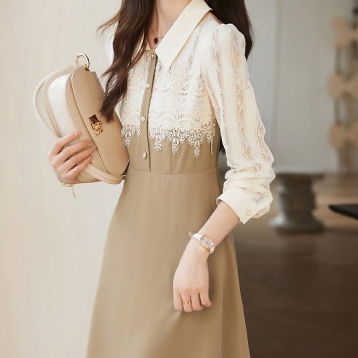 요모조모 3065 레이스 믹스 소매 카라넥 하객 원피스