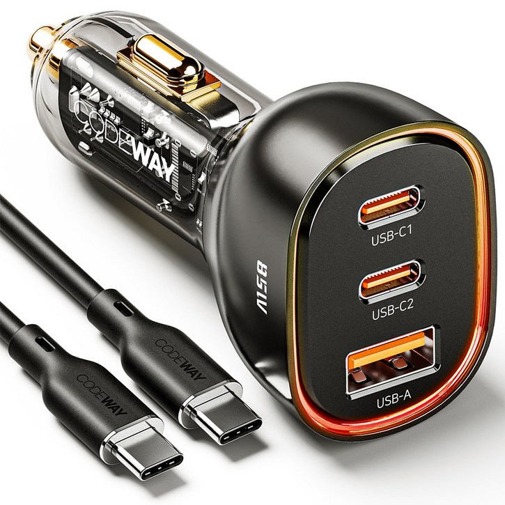 코드웨이 차량용 시거잭 고속 충전기 + C타입 초고속충전케이블 세트, 85W, 블랙