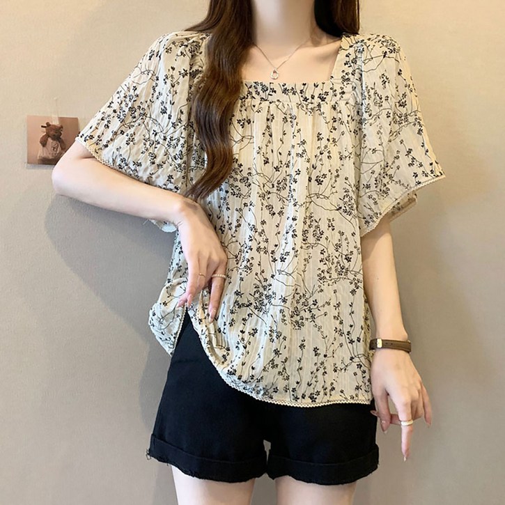 VVRR 여성 스퀘어넥 루즈핏 플라워 반팔 프릴 데일리 플리츠 쉬폰 블라우스  A0051203