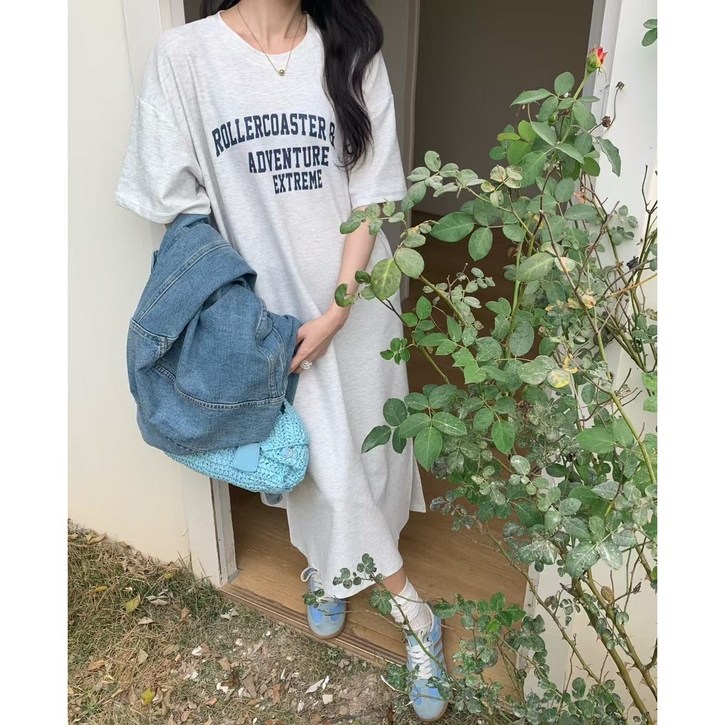 우아글로벌 반팔 루즈핏 래터링 롱원피스