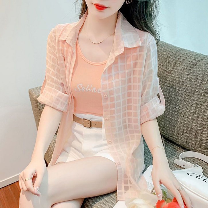 ROYALBELLE 여성 체크 얇은 캐주얼 데일리 자외선 차단 스타일리시 상큼 셔츠 K021919