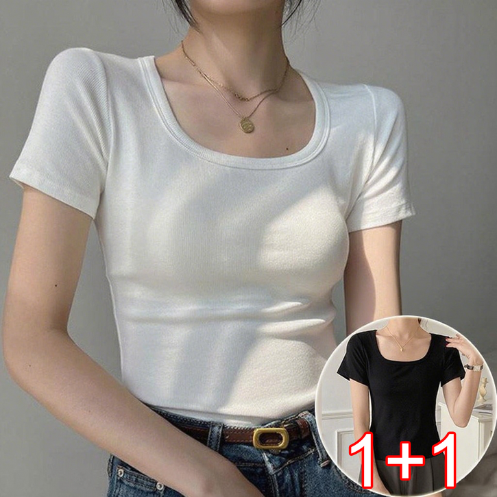 여성 기본 U넥 슬림핏 스판 심플 무지 반팔 티셔츠 11 슬림소녀