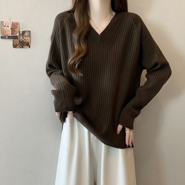 JIEVE스웨터 여성 가을 브이넥 빅사이즈 루즈핏 심플 니트 긴팔티SW0804147