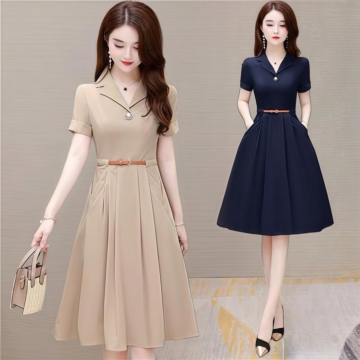 25년 신상 날씬해보이는 여성 단아한 우아한 카라 허리꼬임 버튼 반팔 원피스 여름 편한 주머니있는 플리츠 고급스러운 모던 이쁜 슬림핏 외출용 출근룩 솔리드 심플 매력 원피스