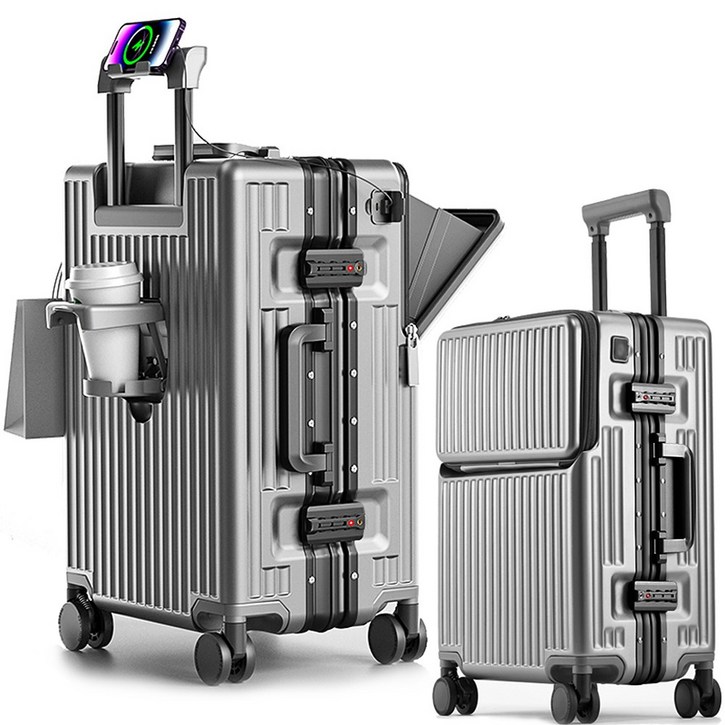 3년AS REGESY 캐리어 알루미늄프레임 경량화 저소음 360도 회전 브레이크 휠 USB 충전포트 컵홀더 핸드폰 거치대 중대형 여행용 기내용 캐리어